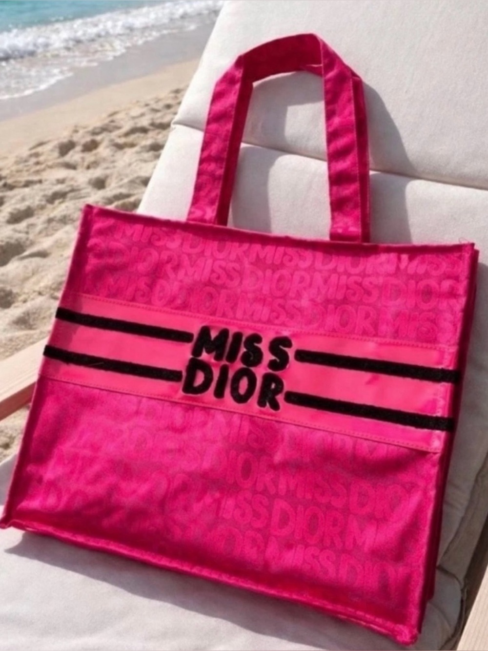 NEW IN PACKAGING Dior Miss Dior Hot Pink Canvas Tote with Black Stripe Logo